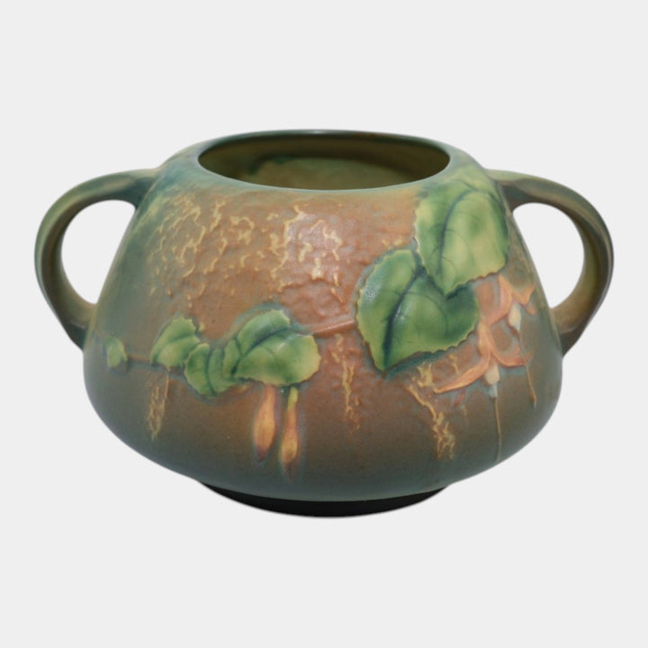 Roseville Fuchsia Green 1938 Vintage Art Pottery Handled Ceramic Bowl Vase 346-4 - Just Art Pottery