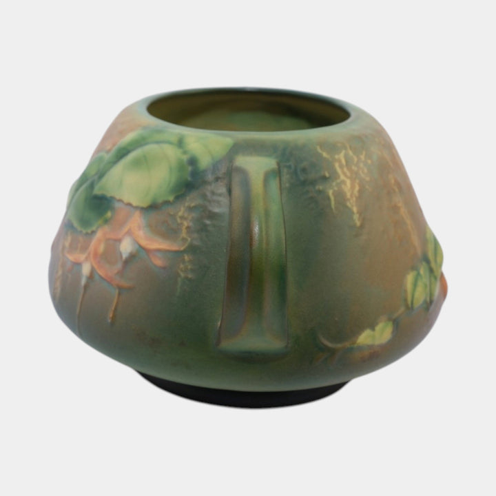 Roseville Fuchsia Green 1938 Vintage Art Pottery Handled Ceramic Bowl Vase 346-4 - Just Art Pottery