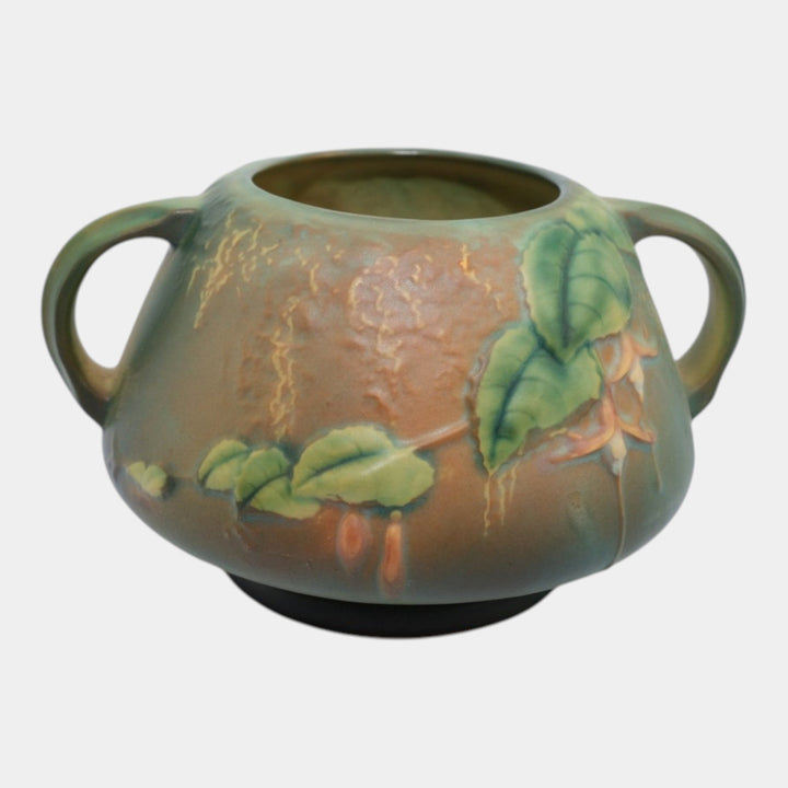 Roseville Fuchsia Green 1938 Vintage Art Pottery Handled Ceramic Bowl Vase 346-4 - Just Art Pottery