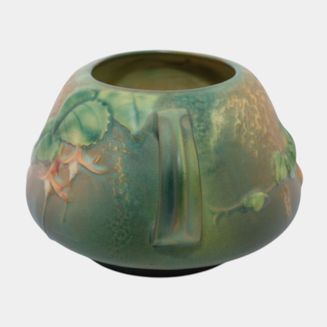 Roseville Fuchsia Green 1938 Vintage Art Pottery Handled Ceramic Bowl Vase 346-4 - Just Art Pottery