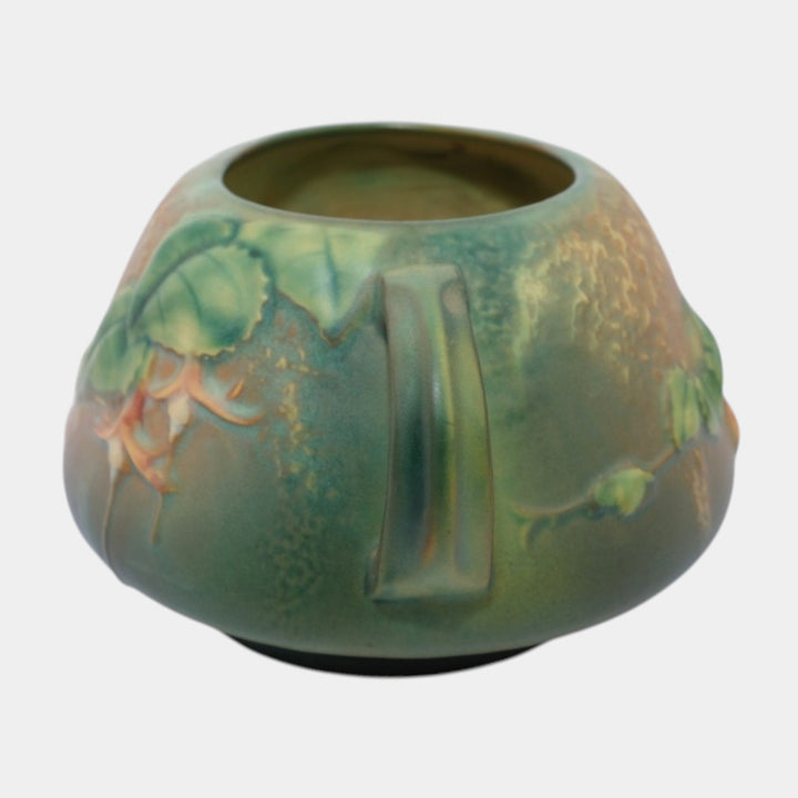 Roseville Fuchsia Green 1938 Vintage Art Pottery Handled Ceramic Bowl Vase 346-4 - Just Art Pottery