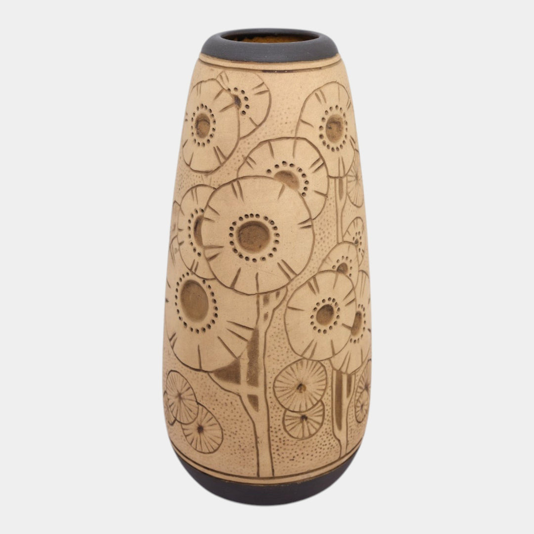 Weller Burntwood 1910s Art Deco Pottery Tan And Brown Floral Ceramic Flower Vase - Just Art Pottery