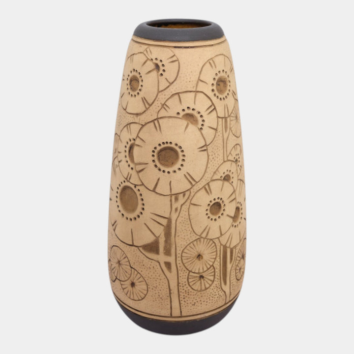 Weller Burntwood 1910s Art Deco Pottery Tan And Brown Floral Ceramic Flower Vase - Just Art Pottery