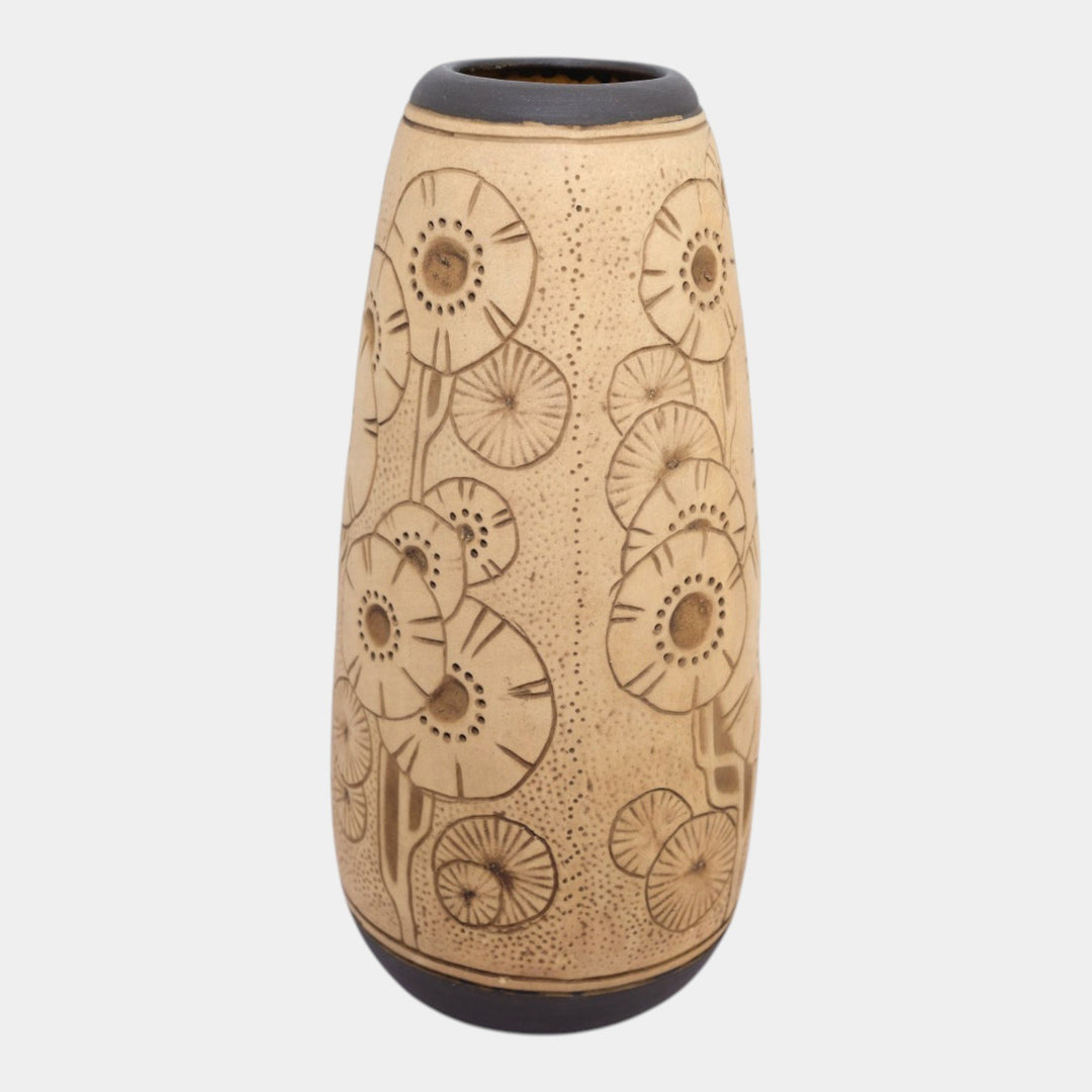 Weller Burntwood 1910s Art Deco Pottery Tan And Brown Floral Ceramic Flower Vase - Just Art Pottery