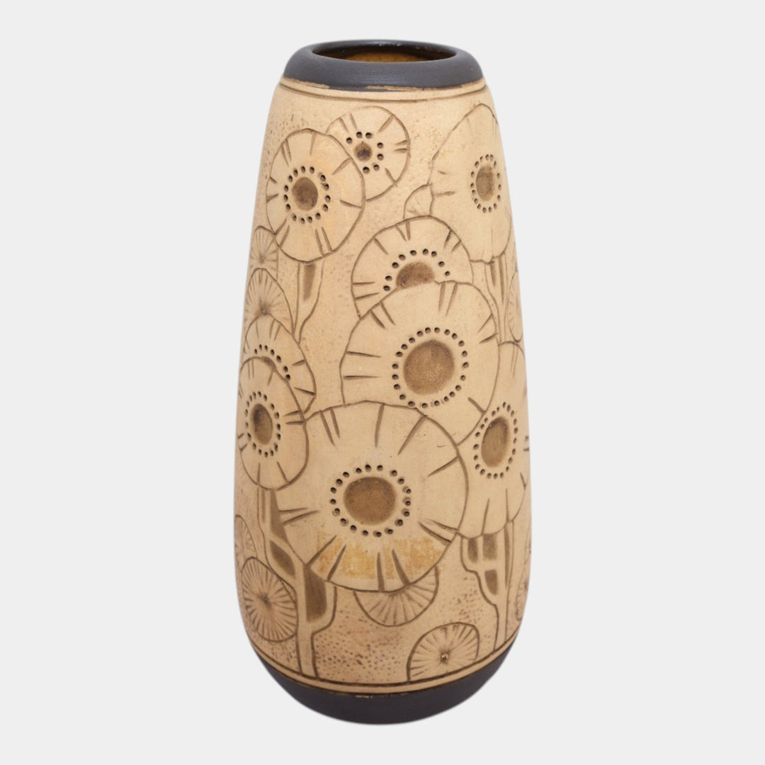 Weller Burntwood 1910s Art Deco Pottery Tan And Brown Floral Ceramic Flower Vase - Just Art Pottery