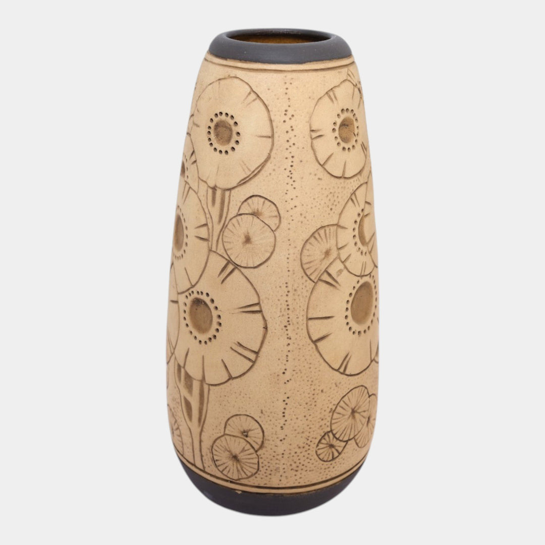 Weller Burntwood 1910s Art Deco Pottery Tan And Brown Floral Ceramic Flower Vase - Just Art Pottery