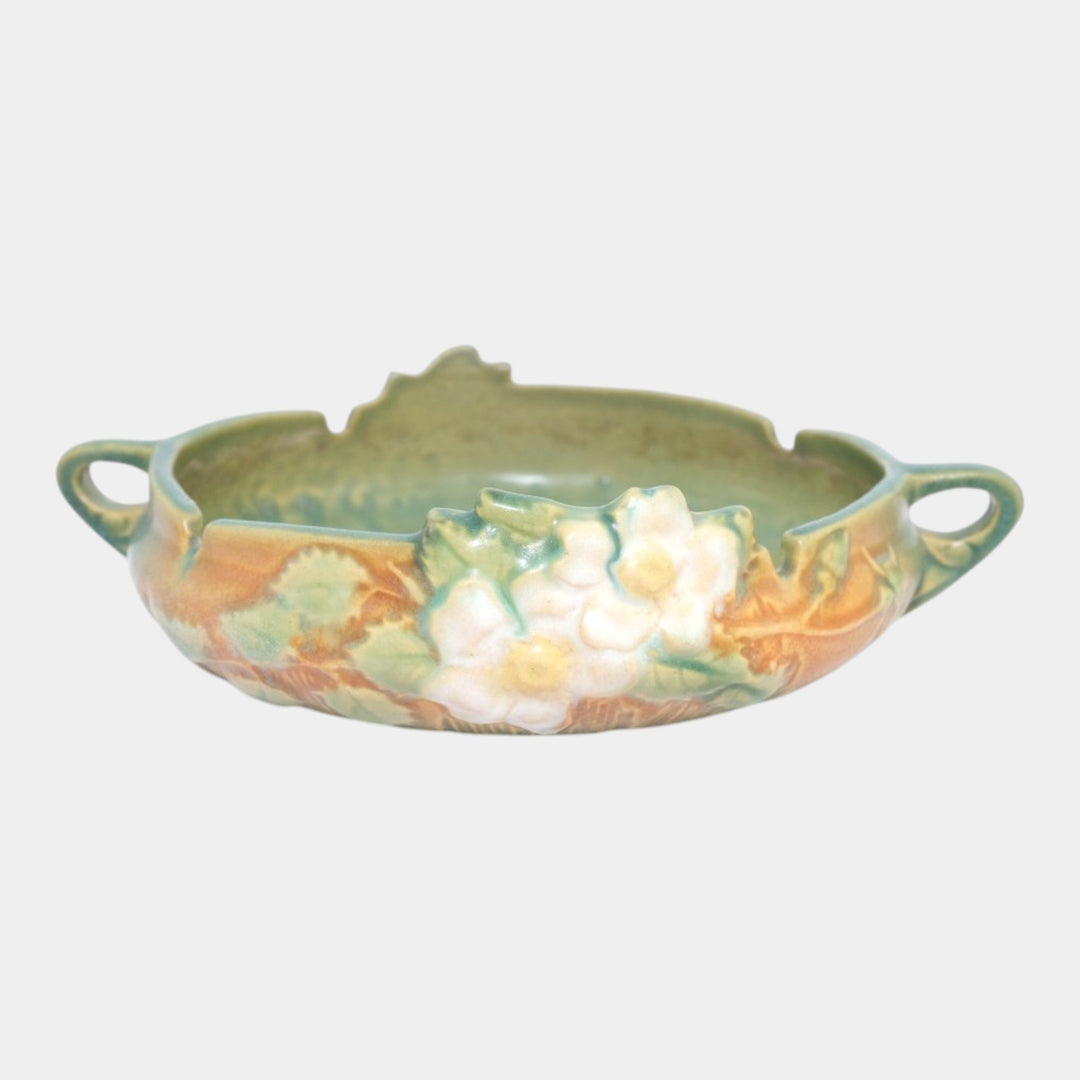 Roseville White Rose Brown 1940 Mid Century Modern Ceramic Bowl 389-6 - Just Art Pottery