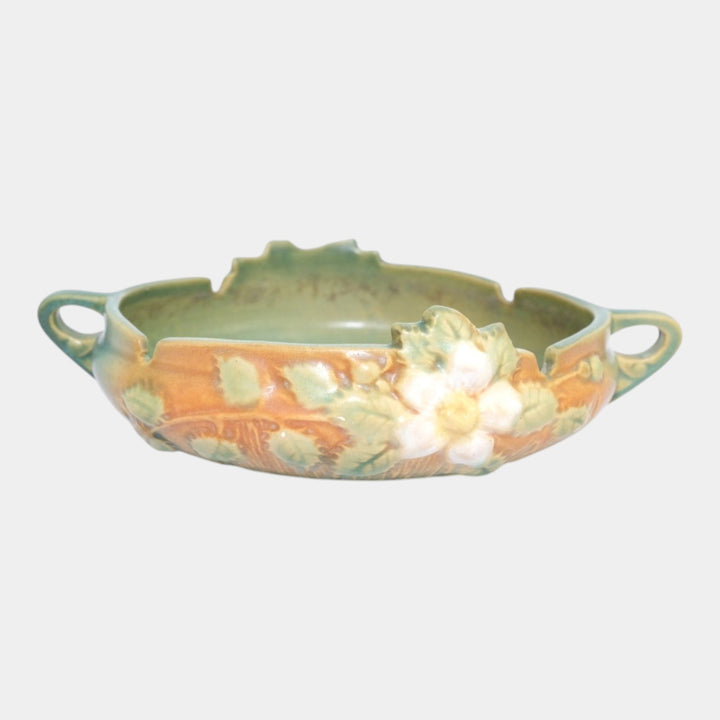Roseville White Rose Brown 1940 Mid Century Modern Ceramic Bowl 389-6 - Just Art Pottery