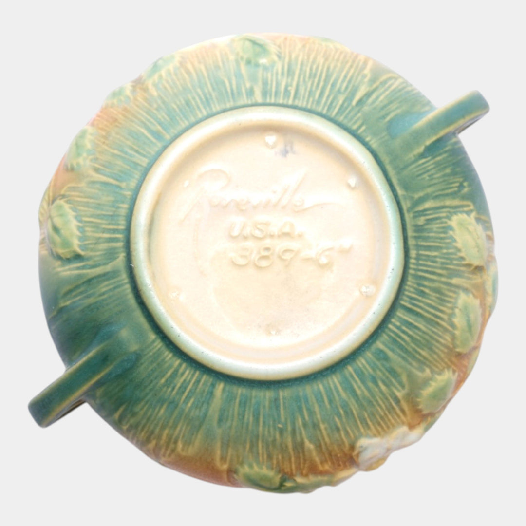 Roseville White Rose Brown 1940 Mid Century Modern Ceramic Bowl 389-6 - Just Art Pottery