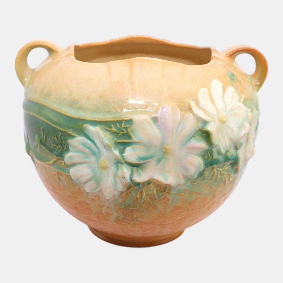 Roseville Cosmos Tan 1939 Vintage Art Pottery Ceramic Handled Bowl Vase 376-6 - Just Art Pottery