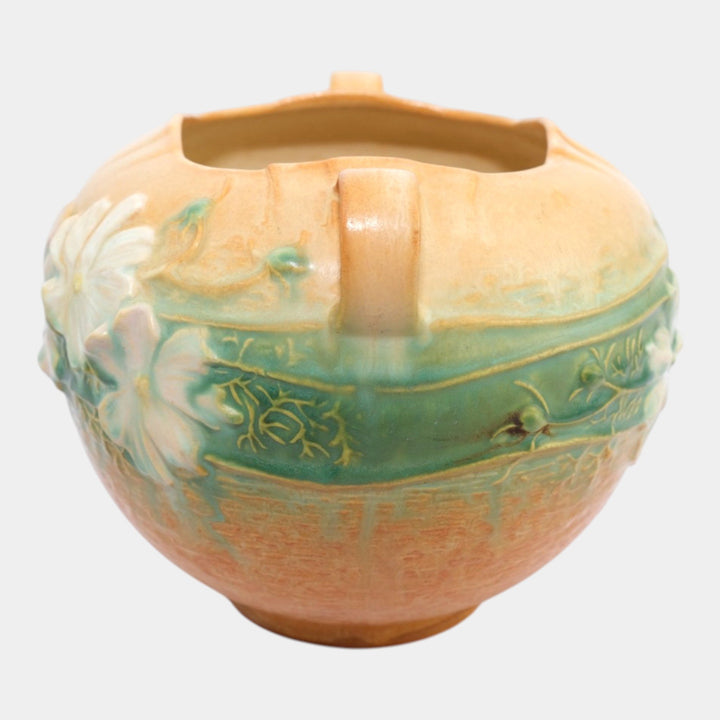 Roseville Cosmos Tan 1939 Vintage Art Pottery Ceramic Handled Bowl Vase 376-6 - Just Art Pottery