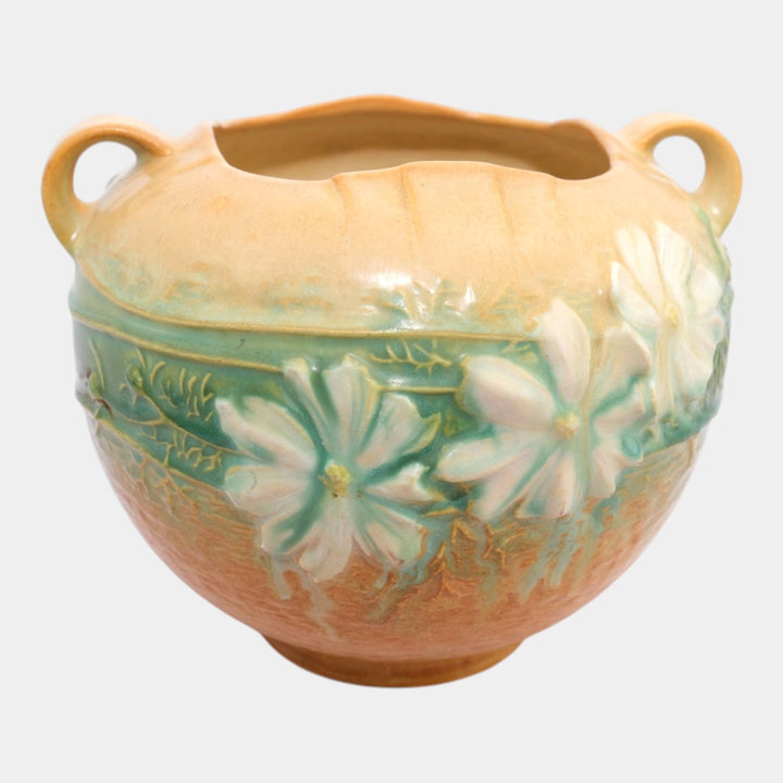 Roseville Cosmos Tan 1939 Vintage Art Pottery Ceramic Handled Bowl Vase 376-6 - Just Art Pottery