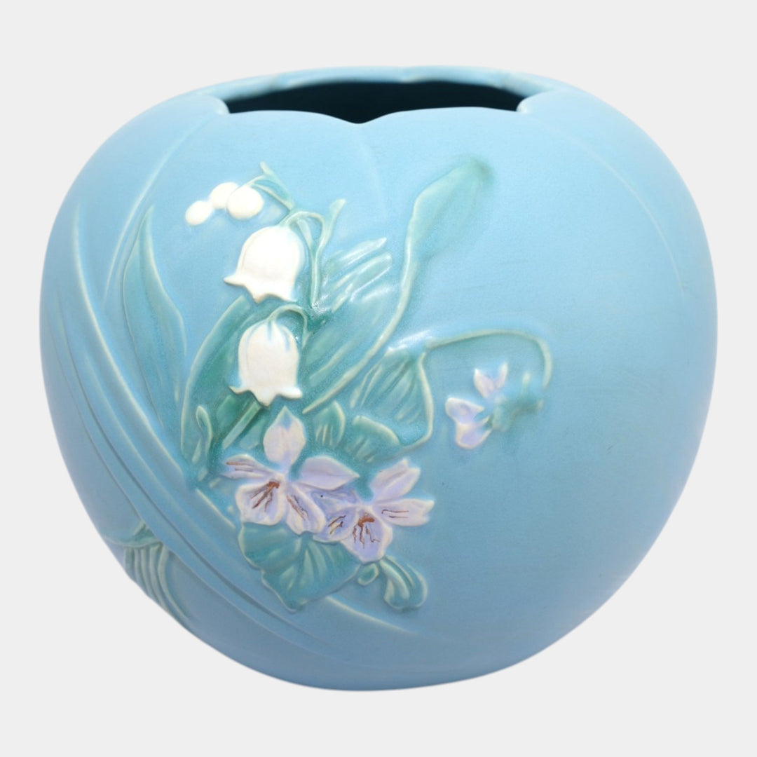 Weller Bouquet 1930s Vintage Art Pottery Blue Floral Ceramic Bulbous Vase B-13 - Just Art Pottery