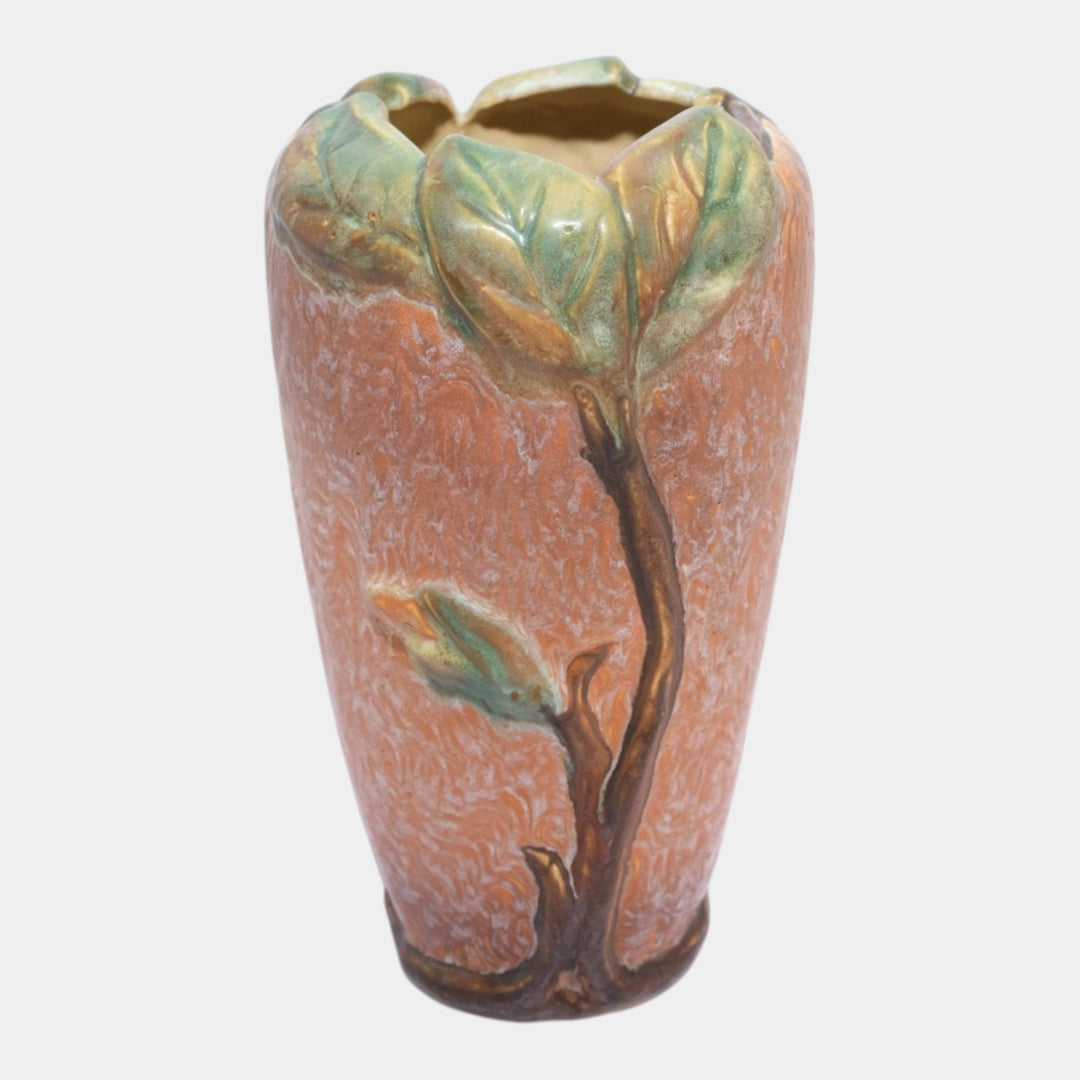 Weller Malverne 1920s Vintage Art Pottery Brown Green Leaves And Bud Vase - Just Art Pottery