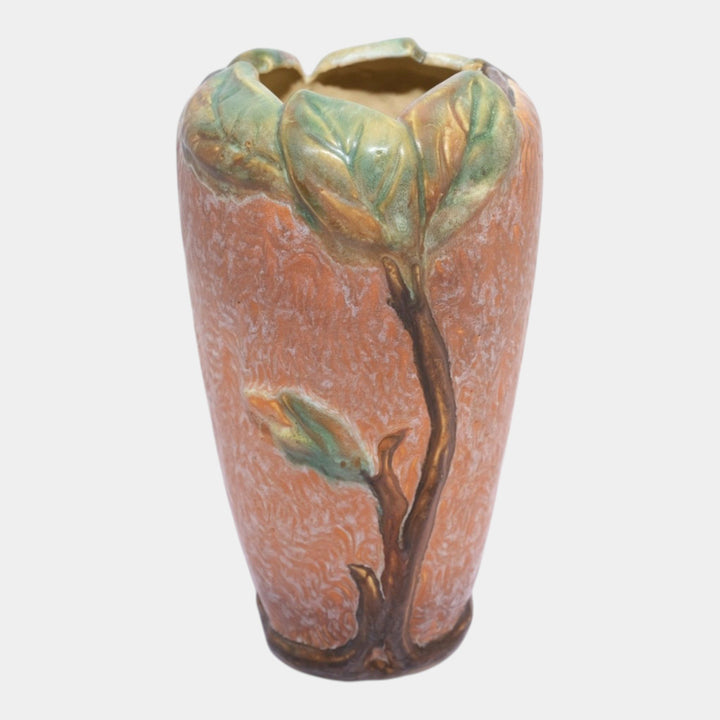 Weller Malverne 1920s Vintage Art Pottery Brown Green Leaves And Bud Vase - Just Art Pottery