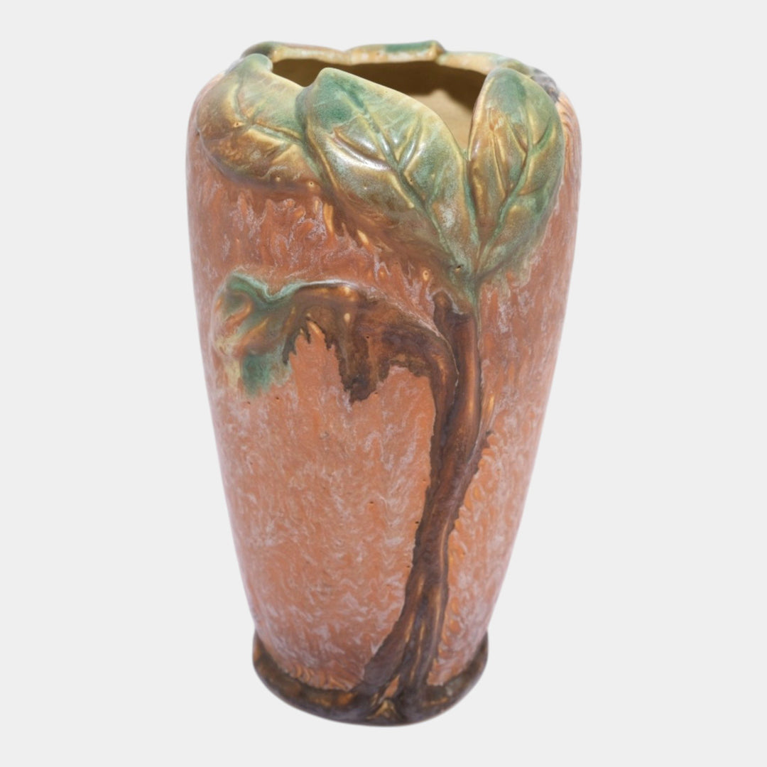 Weller Malverne 1920s Vintage Art Pottery Brown Green Leaves And Bud Vase - Just Art Pottery