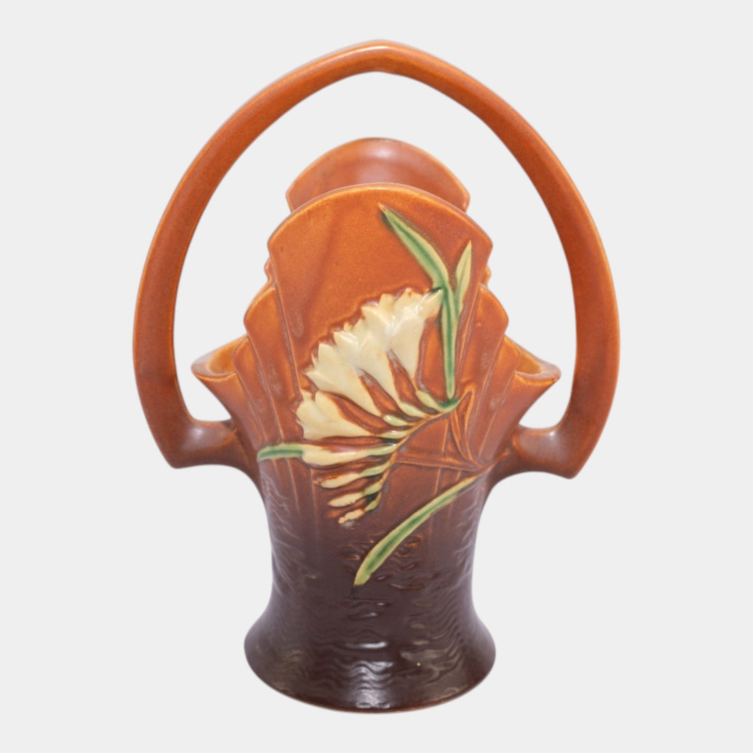 Roseville Freesia Brown 1945 Vintage Art Pottery Ceramic Basket 392-10 - Just Art Pottery