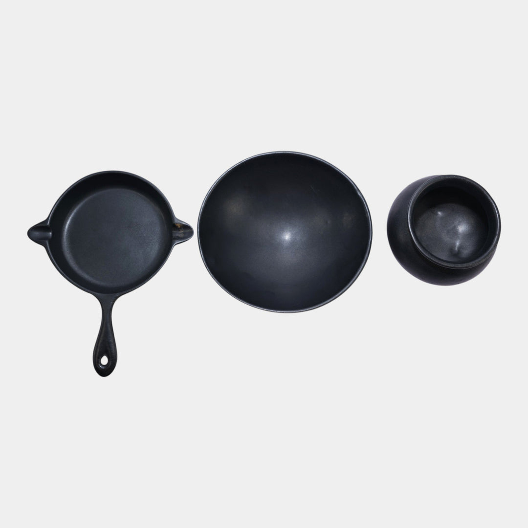 Roseville 1940s Mid Century Pottery Black Kettle Skillet Set Ceramic Pan Bowl