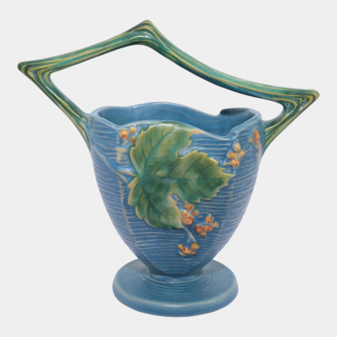 Roseville Bushberry Blue 1941 Vintage Art Pottery Ceramic Basket 370-8 - Just Art Pottery