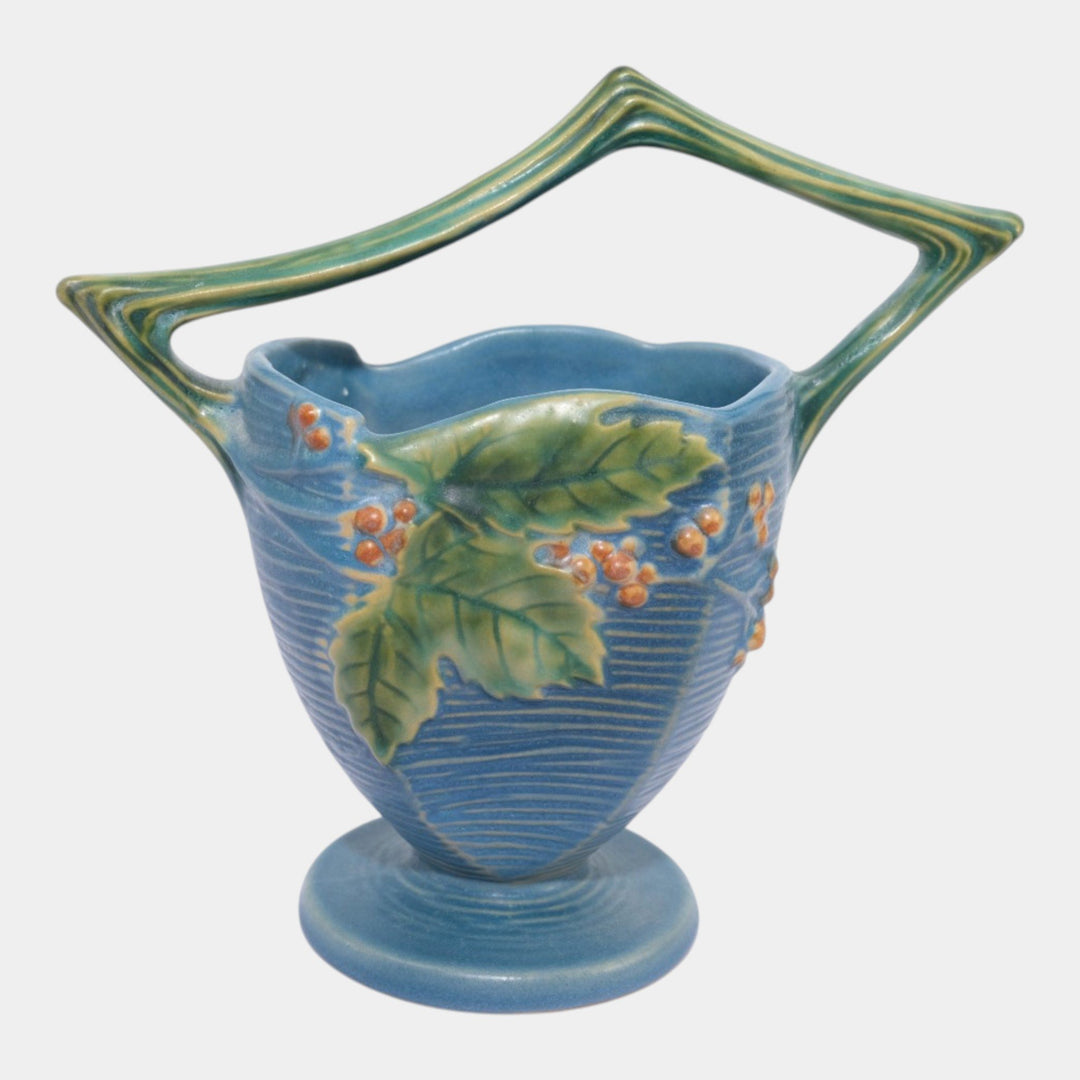 Roseville Bushberry Blue 1941 Vintage Art Pottery Ceramic Basket 370-8 - Just Art Pottery