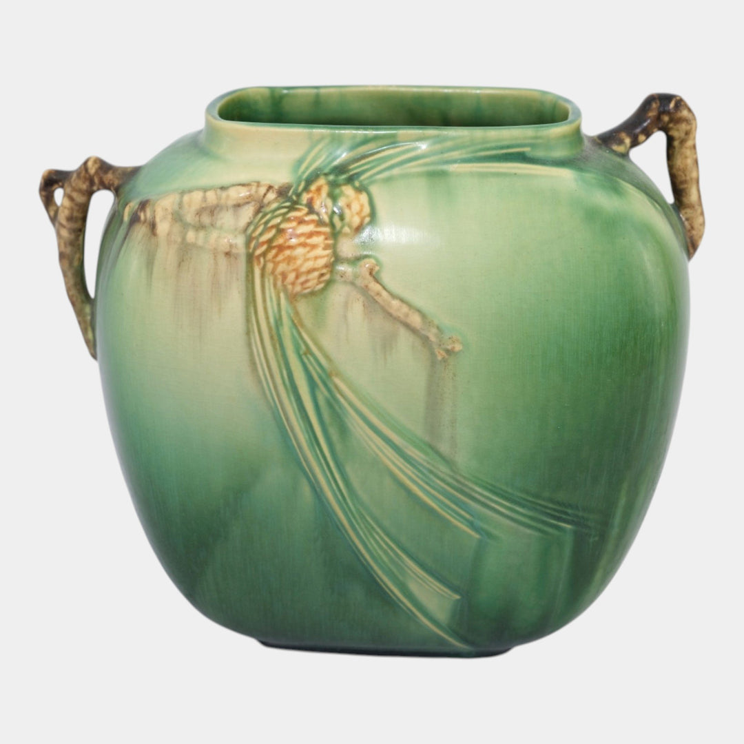 Roseville Pine Cone Green 1936 Vintage Art Pottery Ceramic Pillow Vase 114-8 - Just Art Pottery