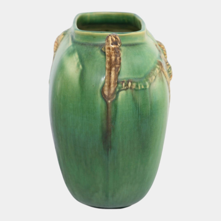 Roseville Pine Cone Green 1936 Vintage Art Pottery Ceramic Pillow Vase 114-8 - Just Art Pottery
