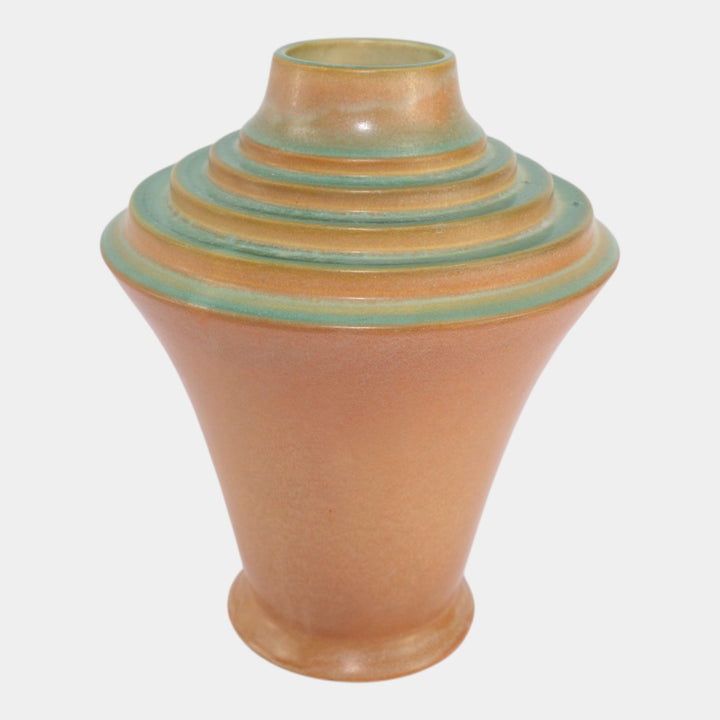 Roseville Futura Tan 1928 Vintage Art Deco Pottery Stepped Vase Urn 395-10