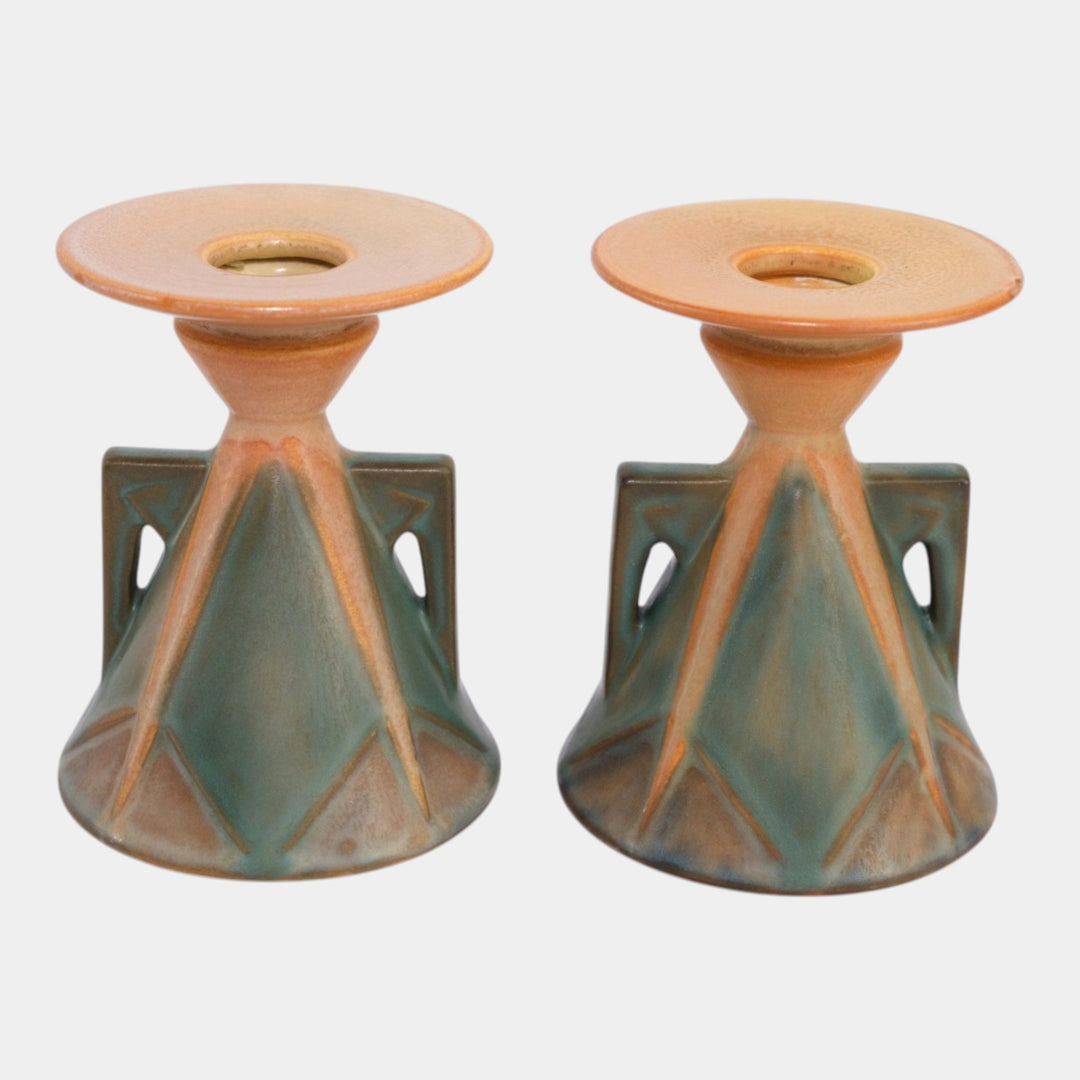 Roseville Futura 1928 Vintage Art Pottery Aztec Ladies Candle Holders 1072-4