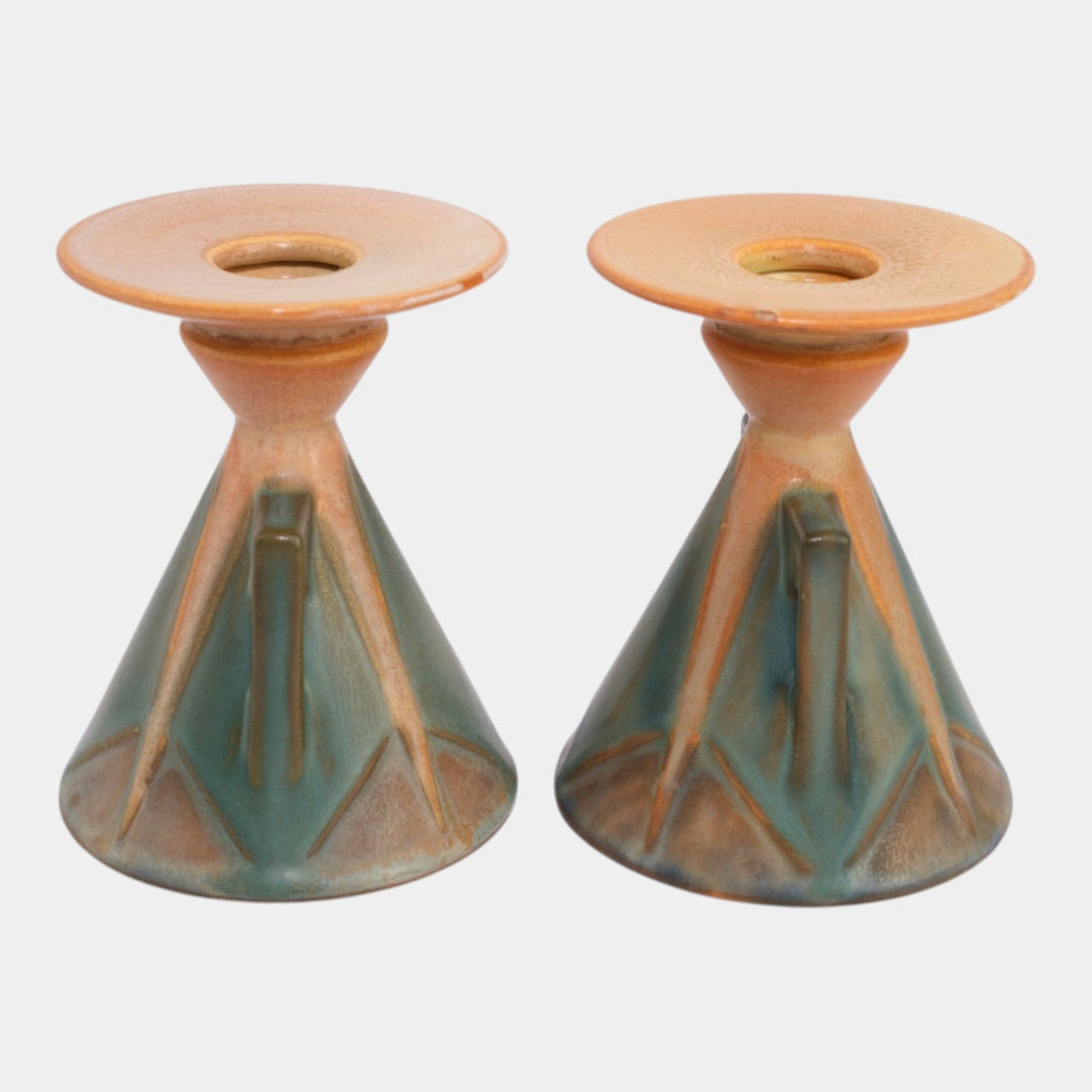 Roseville Futura 1928 Vintage Art Pottery Aztec Ladies Candle Holders 1072-4
