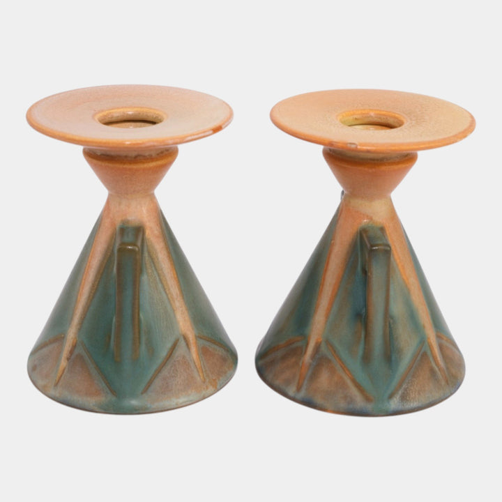 Roseville Futura 1928 Vintage Art Pottery Aztec Ladies Candle Holders 1072-4