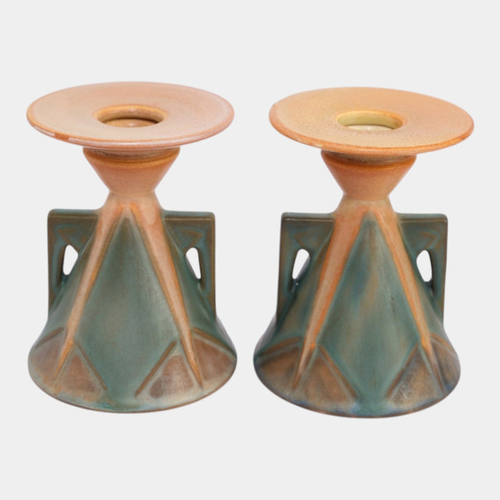 Roseville Futura 1928 Vintage Art Pottery Aztec Ladies Candle Holders 1072-4