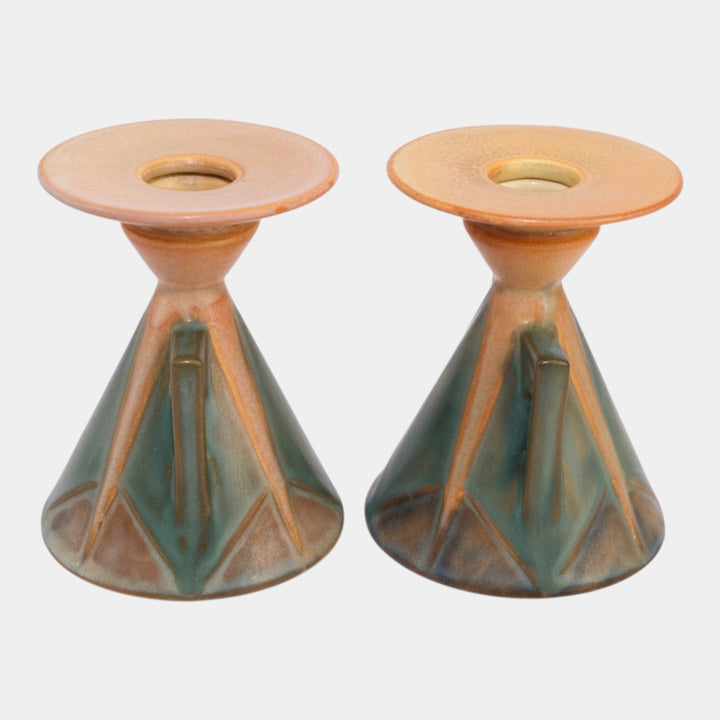 Roseville Futura 1928 Vintage Art Pottery Aztec Ladies Candle Holders 1072-4