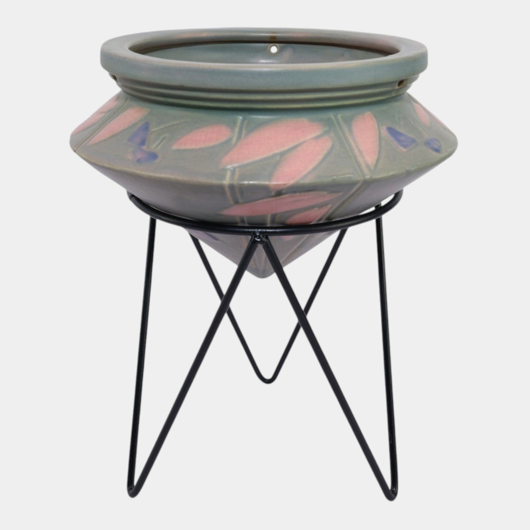 Roseville Futura Pink Gray Vintage Art Pottery Ceramic Hanging Basket With Stand 344-6 - Just Art Pottery