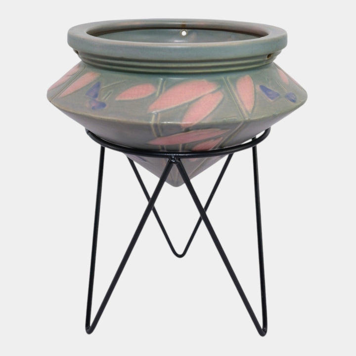 Roseville Futura Pink Gray Vintage Art Pottery Ceramic Hanging Basket With Stand 344-6 - Just Art Pottery