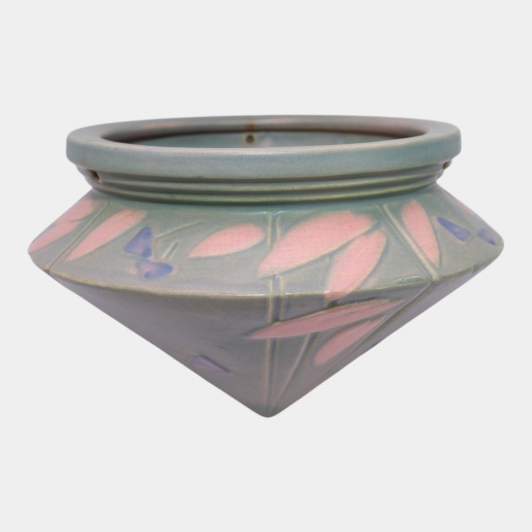Roseville Futura Pink Gray Vintage Art Pottery Ceramic Hanging Basket With Stand 344-6 - Just Art Pottery