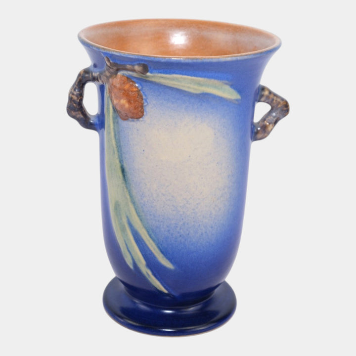 Roseville Pine Cone Blue 1936 Vintage Art Pottery Ceramic Handled Vase 838-6