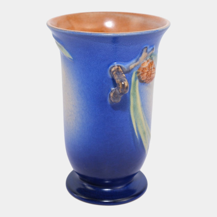 Roseville Pine Cone Blue 1936 Vintage Art Pottery Ceramic Handled Vase 838-6
