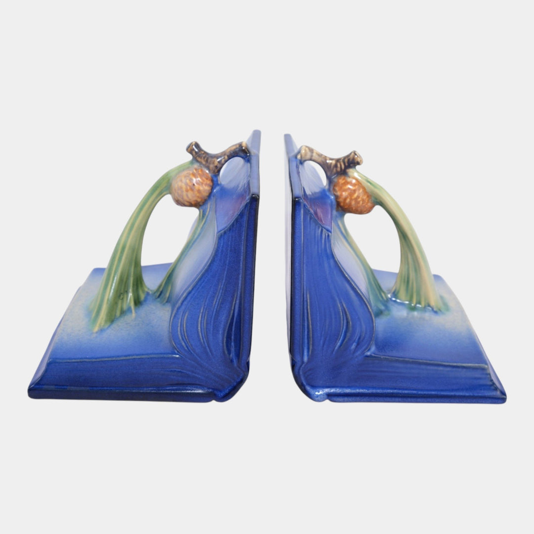 Roseville Pine Cone Blue 1935 Vintage Pottery Ceramic Bookends 1-4