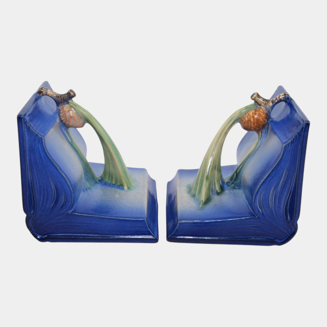Roseville Pine Cone Blue 1935 Vintage Pottery Ceramic Bookends 1-4