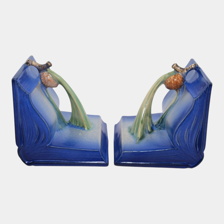 Roseville Pine Cone Blue 1935 Vintage Pottery Ceramic Bookends 1-4
