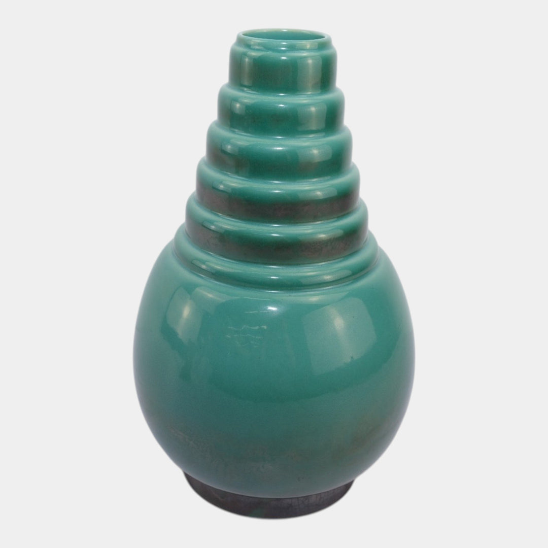 Roseville Futura Green 1928 Vintage Art Pottery Ceramic Bomb Vase 394-12 - Just Art Pottery