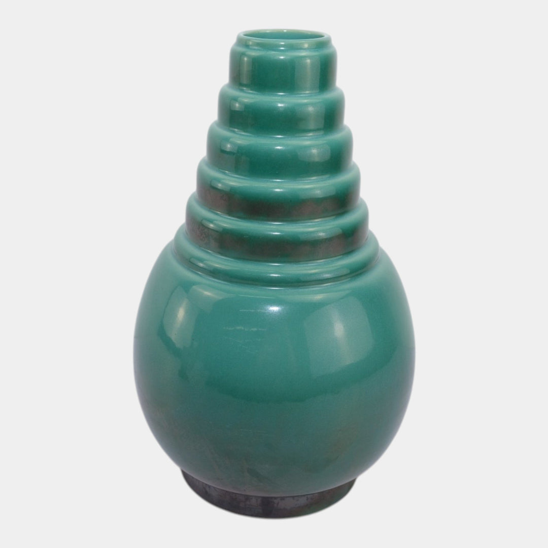 Roseville Futura Green 1928 Vintage Art Pottery Ceramic Bomb Vase 394-12 - Just Art Pottery