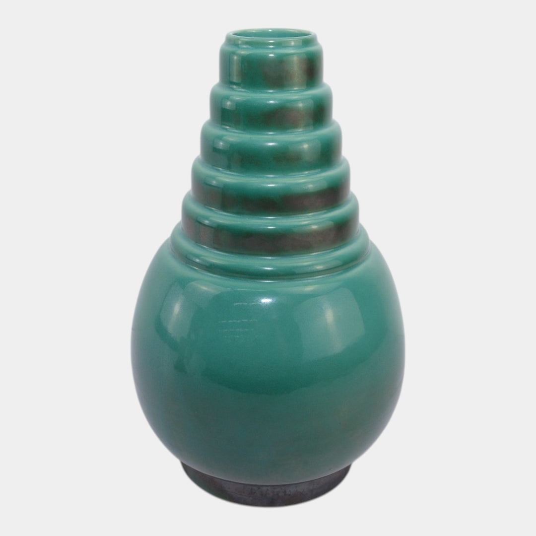 Roseville Futura Green 1928 Vintage Art Pottery Ceramic Bomb Vase 394-12 - Just Art Pottery
