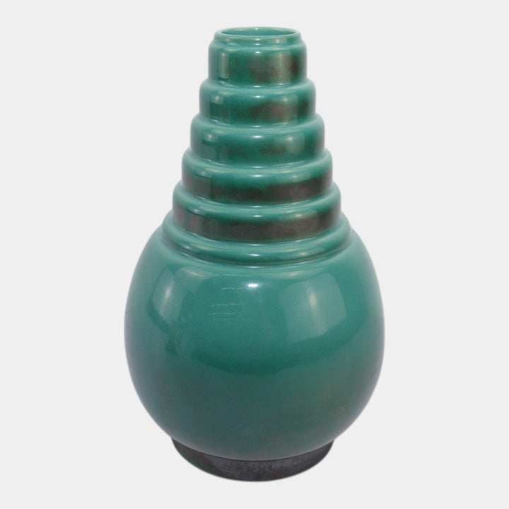 Roseville Futura Green 1928 Vintage Art Pottery Ceramic Bomb Vase 394-12 - Just Art Pottery