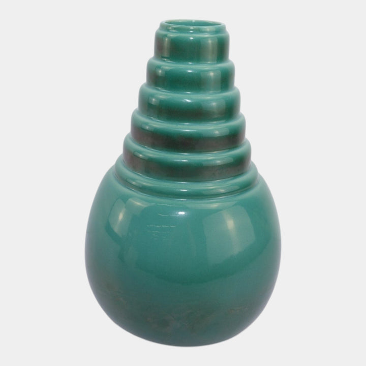 Roseville Futura Green 1928 Vintage Art Pottery Ceramic Bomb Vase 394-12 - Just Art Pottery