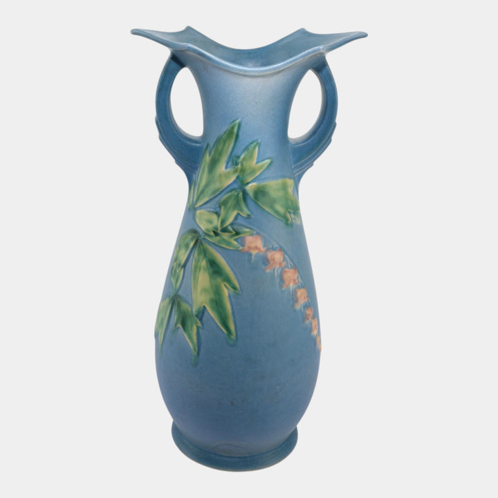 Roseville Bleeding Heart Blue 1940 Vintage Art Pottery Ceramic Handled Vase 976-15 - Just Art Pottery