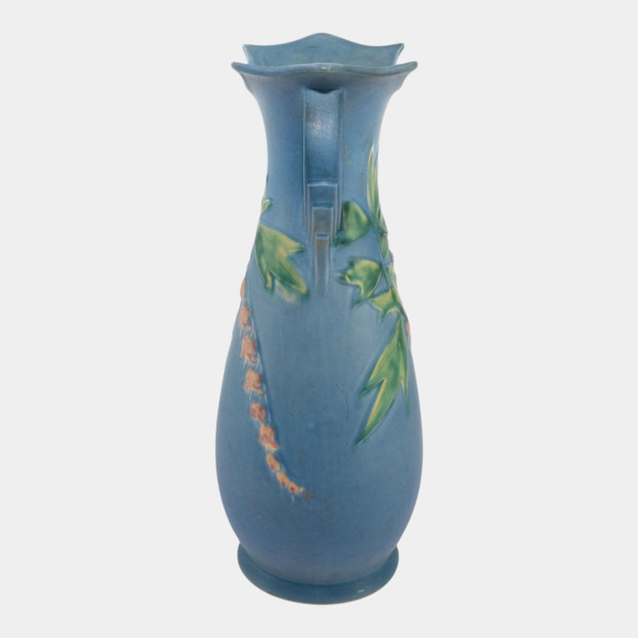 Roseville Bleeding Heart Blue 1940 Vintage Art Pottery Ceramic Handled Vase 976-15 - Just Art Pottery