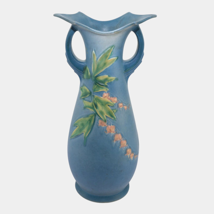 Roseville Bleeding Heart Blue 1940 Vintage Art Pottery Ceramic Handled Vase 976-15 - Just Art Pottery
