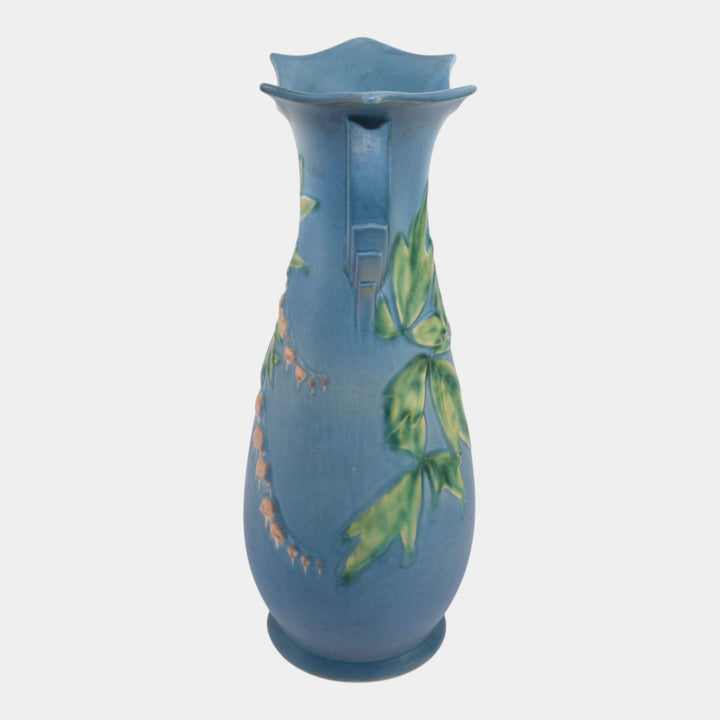 Roseville Bleeding Heart Blue 1940 Vintage Art Pottery Ceramic Handled Vase 976-15 - Just Art Pottery