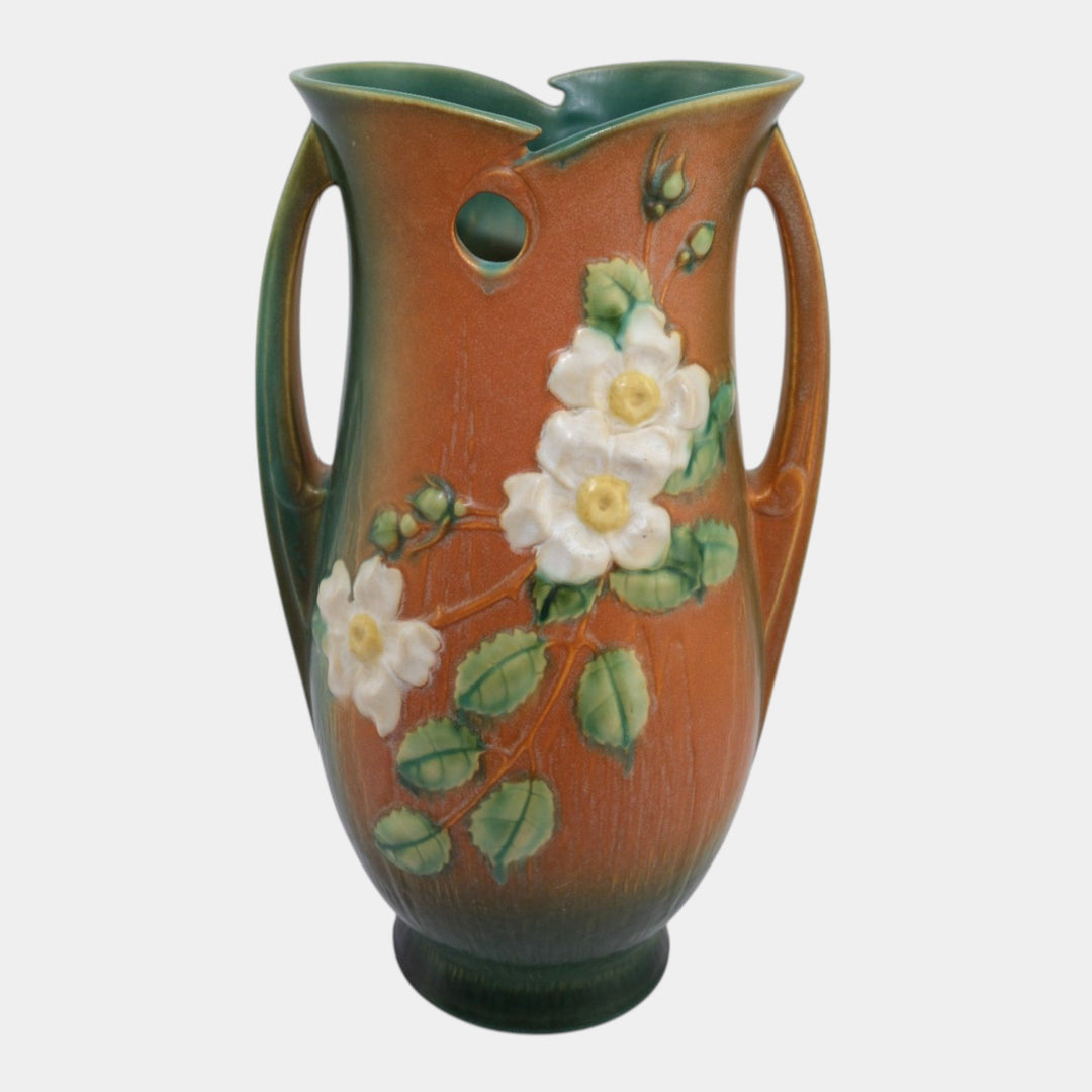 Roseville White Rose Brown Green 1940 Vintage Art Pottery Floor Vase 992-15 - Just Art Pottery